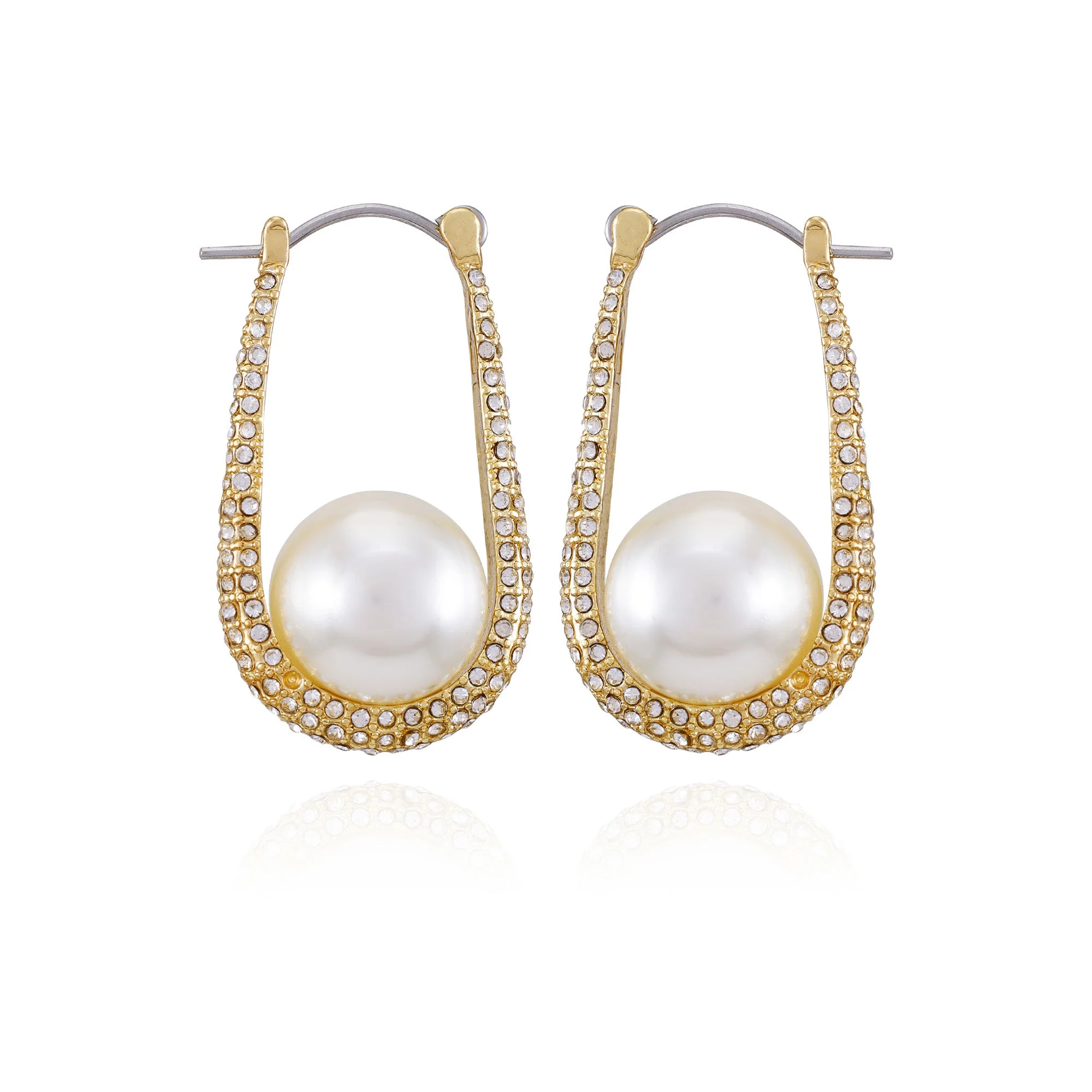 Goldtone Crystal Stone Pearl Hoop Earrings