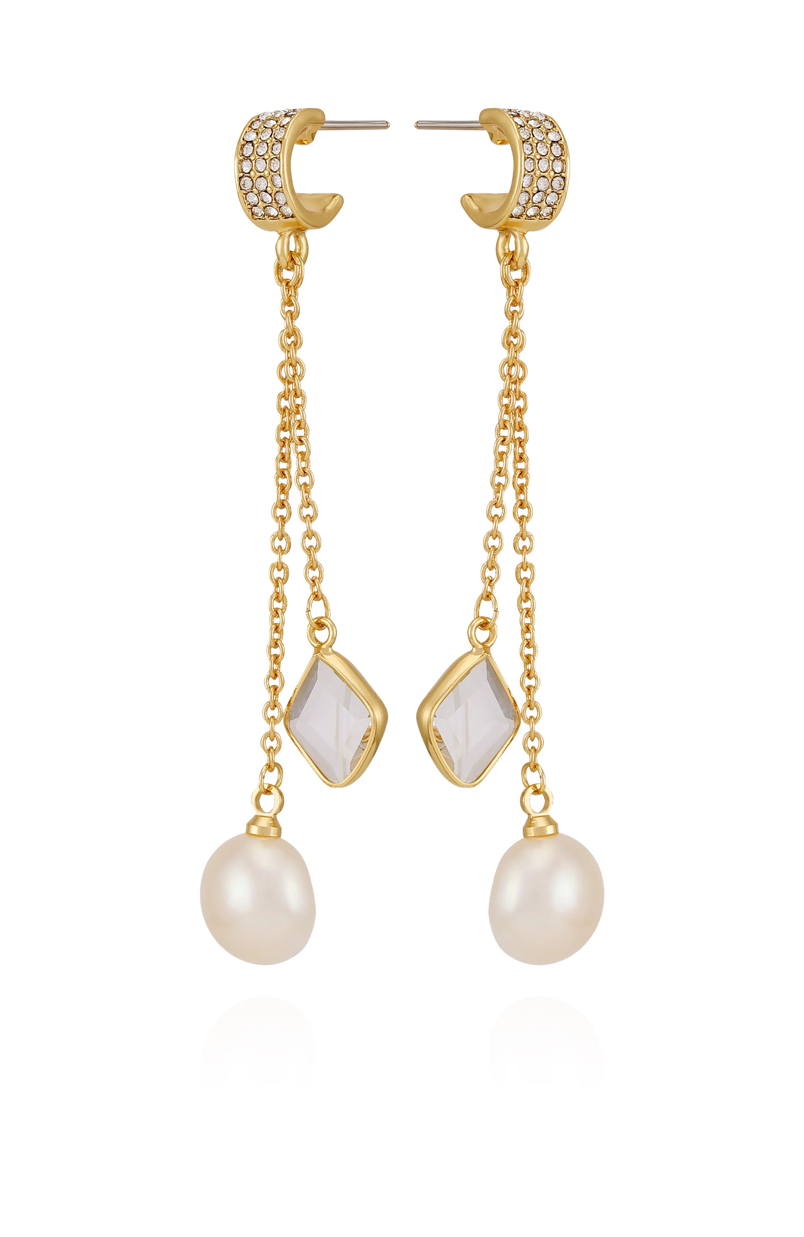 Goldtone Dangle Earrings With Pearl Crystal Drop - Image 2