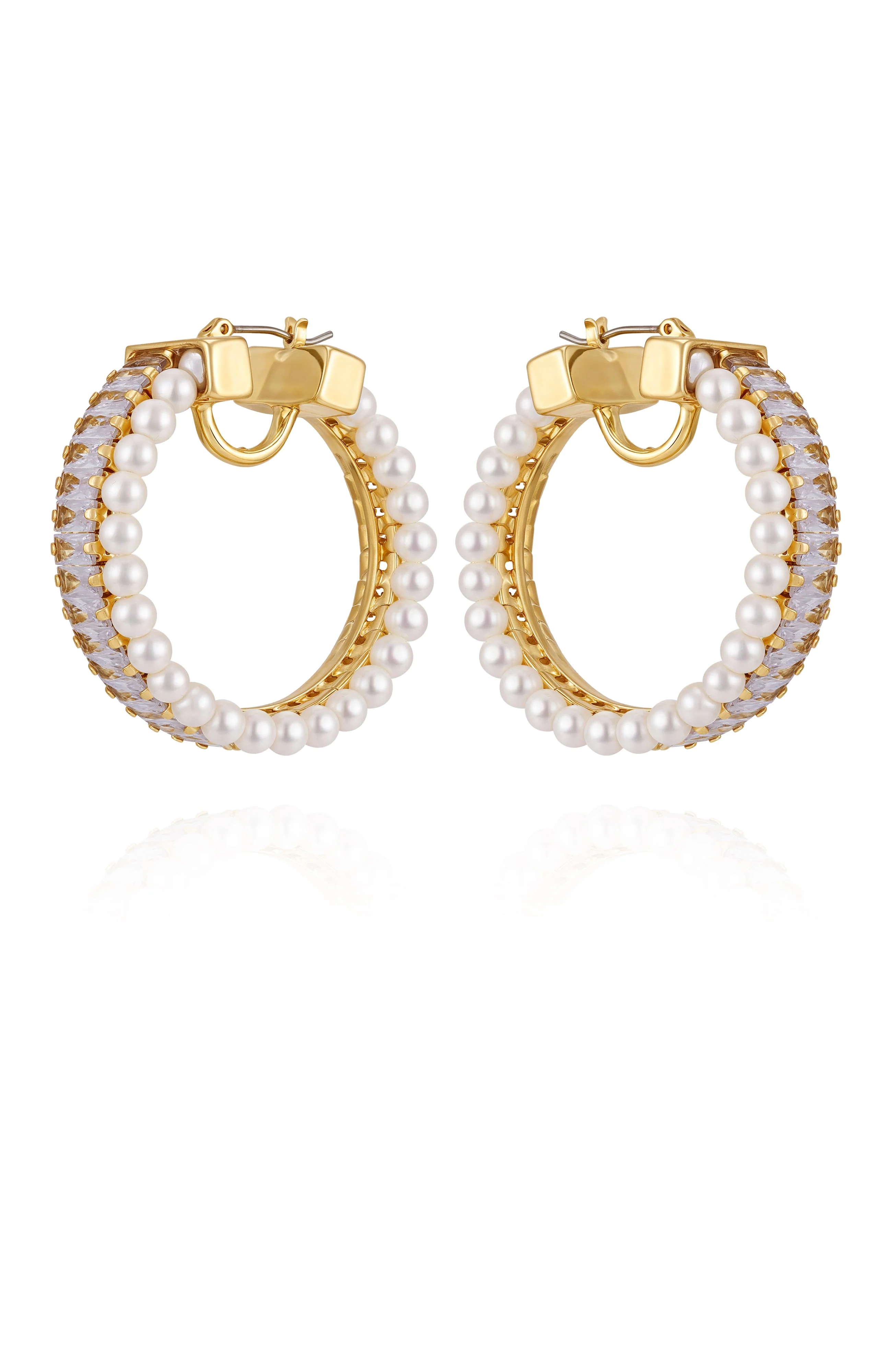 Goldtone Hoop Earrings With Pearls Baguette Crystals - Image 2