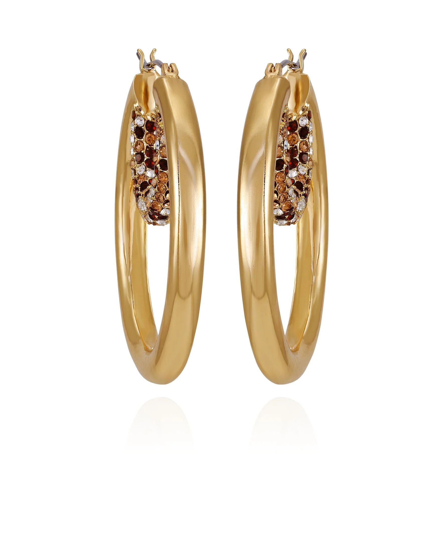 Goldtone Pave Crystal Stone Layered Hoop Earrings