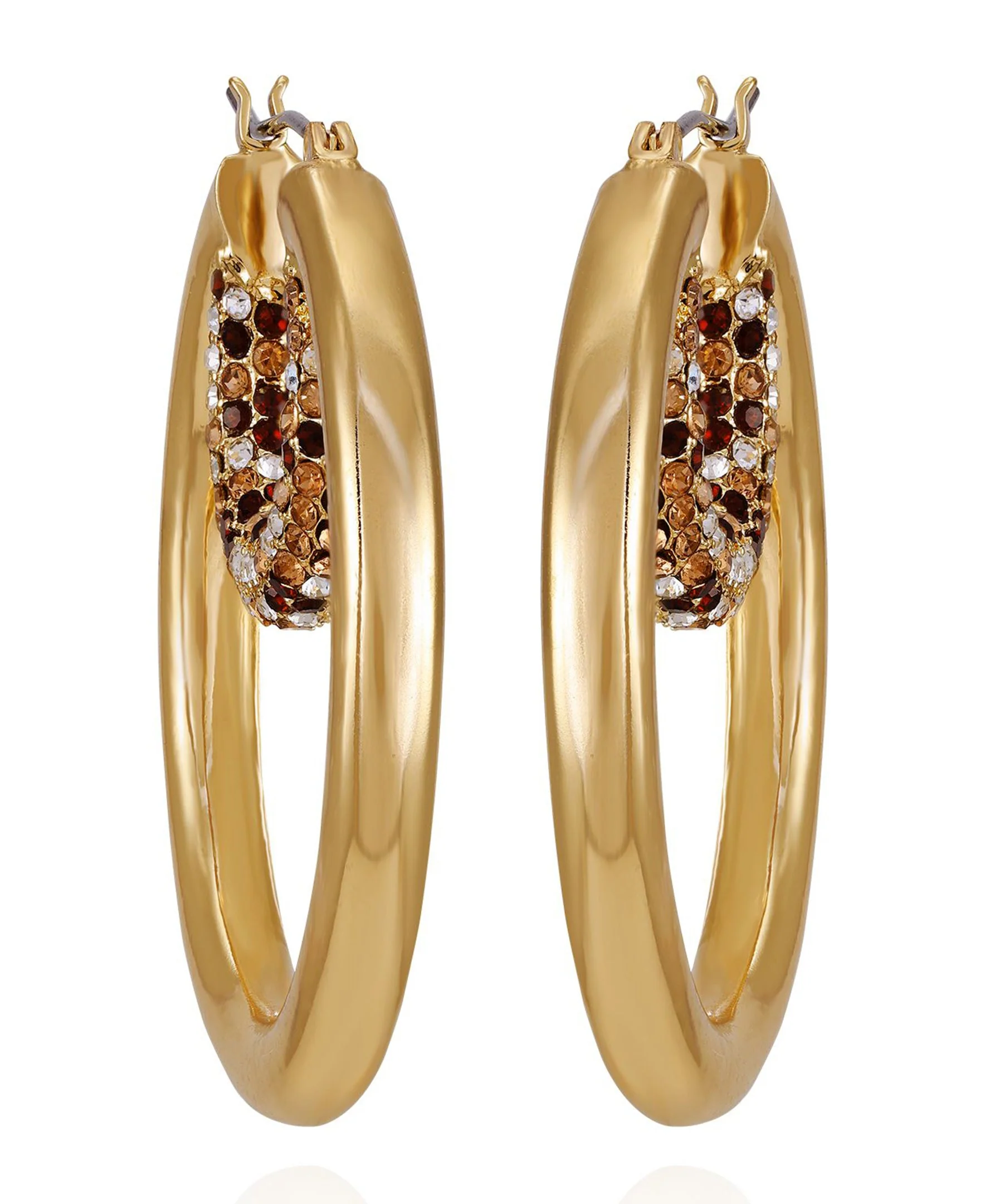 Goldtone Pave Crystal Stone Layered Hoop Earrings - Image 2