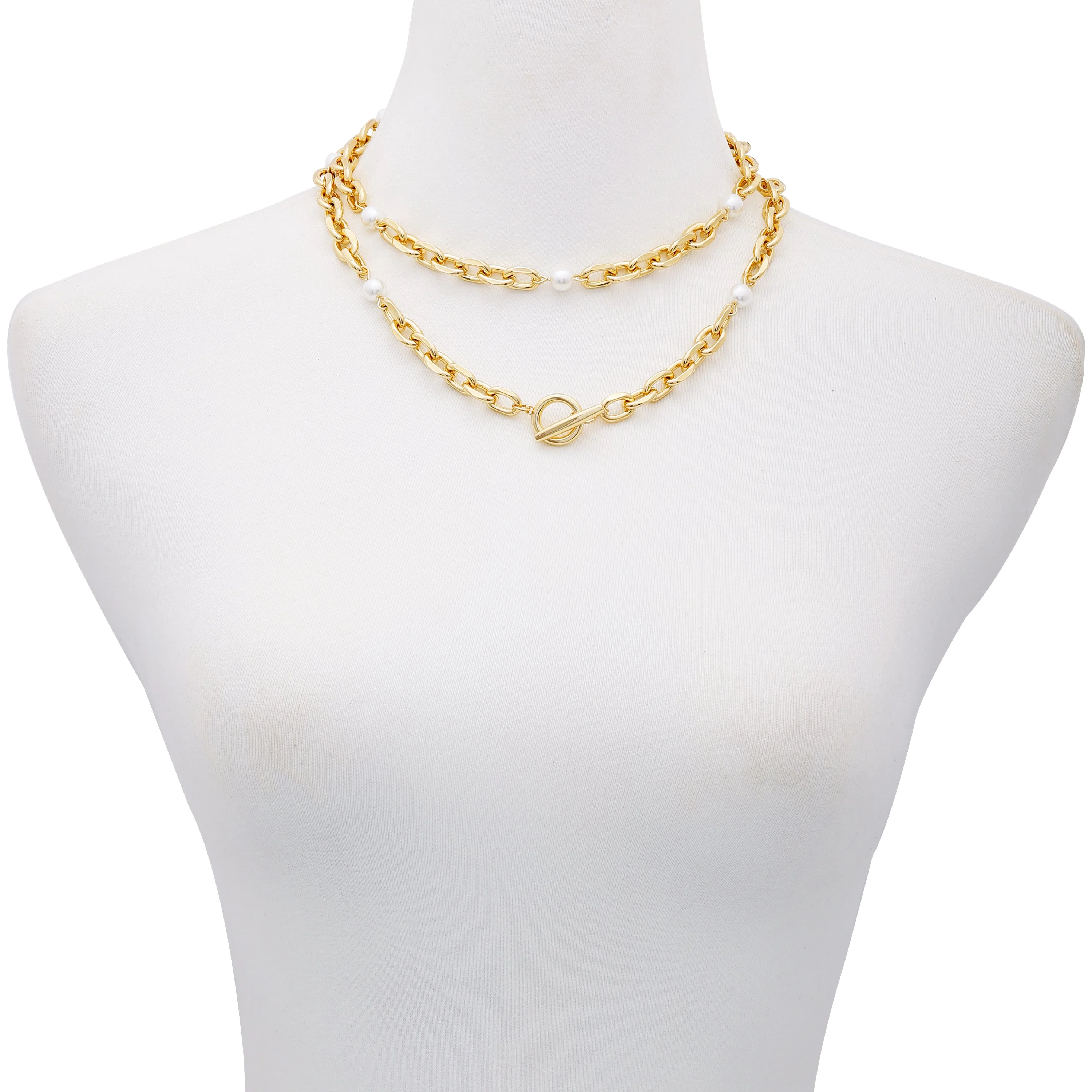 Goldtone Pearl Layered Toggle Necklace - Image 3
