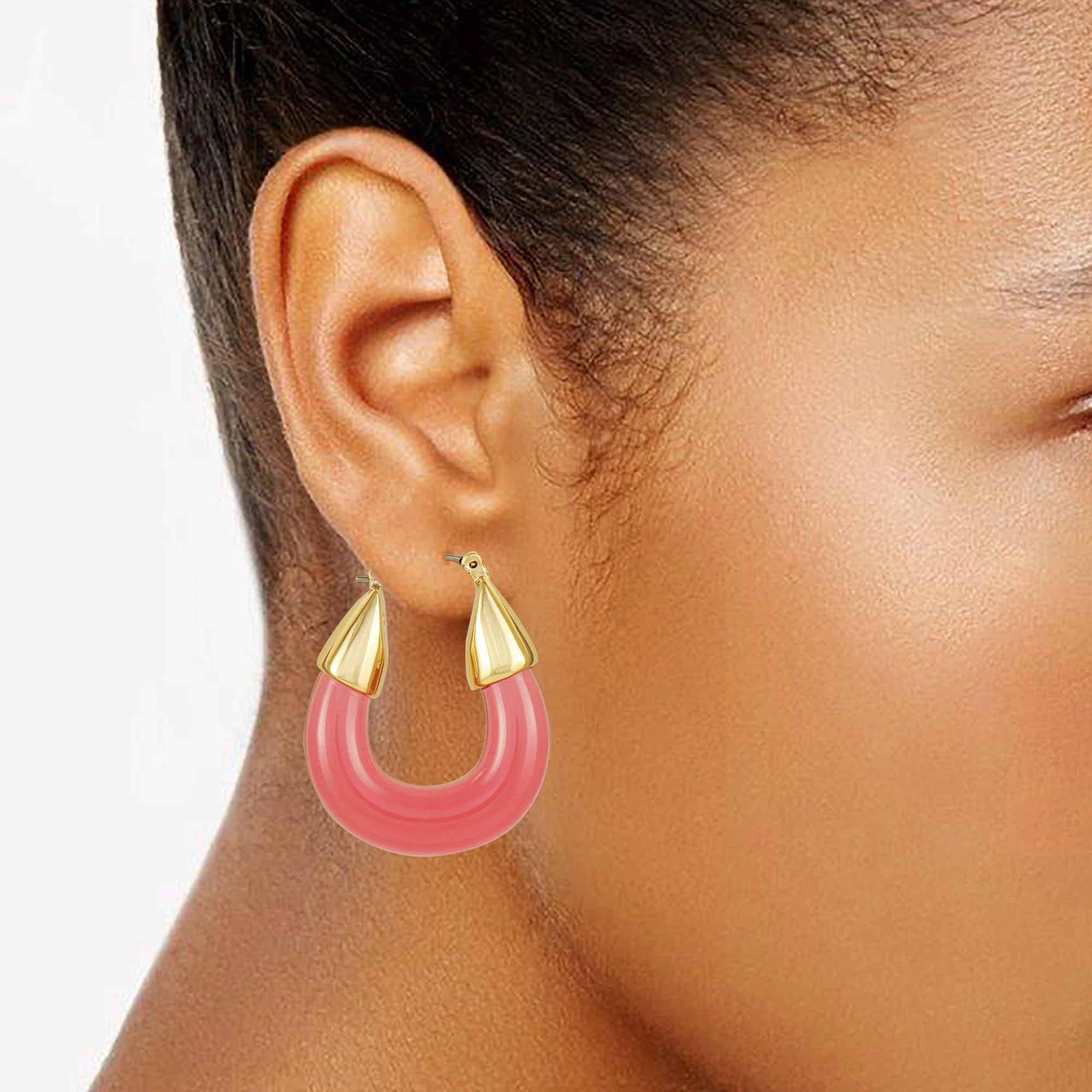 Goldtone Pink Candy Hoop Earrings - Image 2