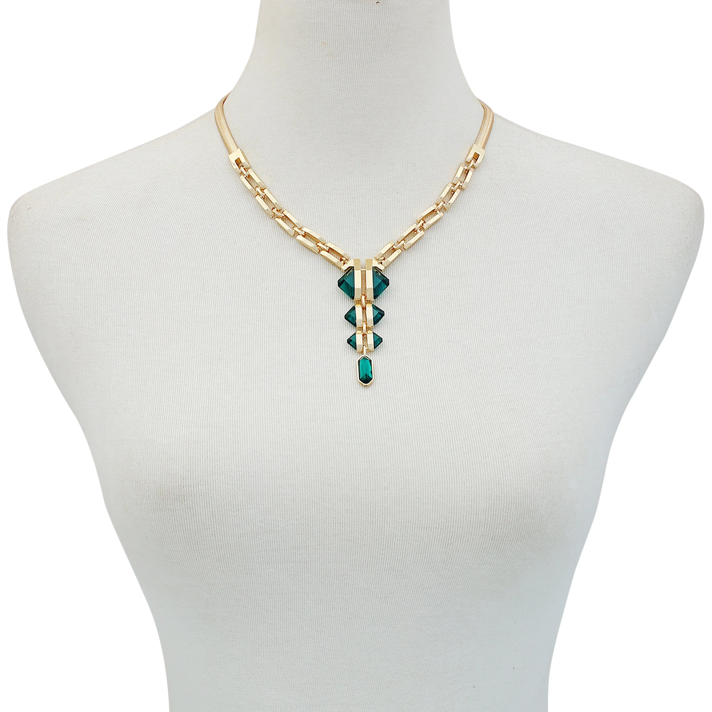 Goldtone Tri Blue Zircon Stone Drop Pendant Necklace - Image 4