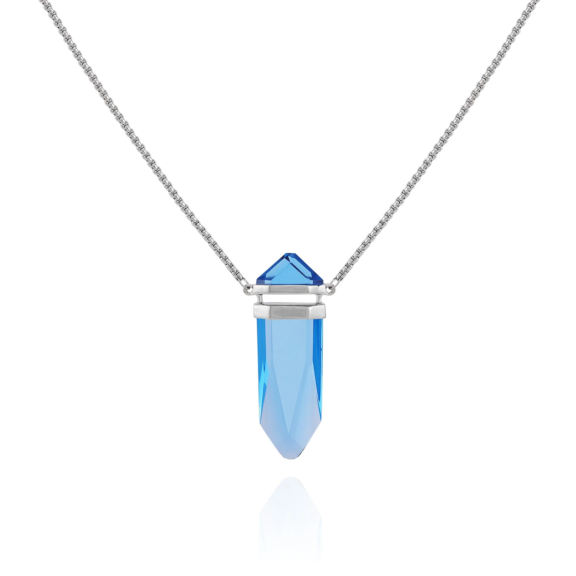Silvertone Blue Crystal-Shape Stone Pendant Long Necklace