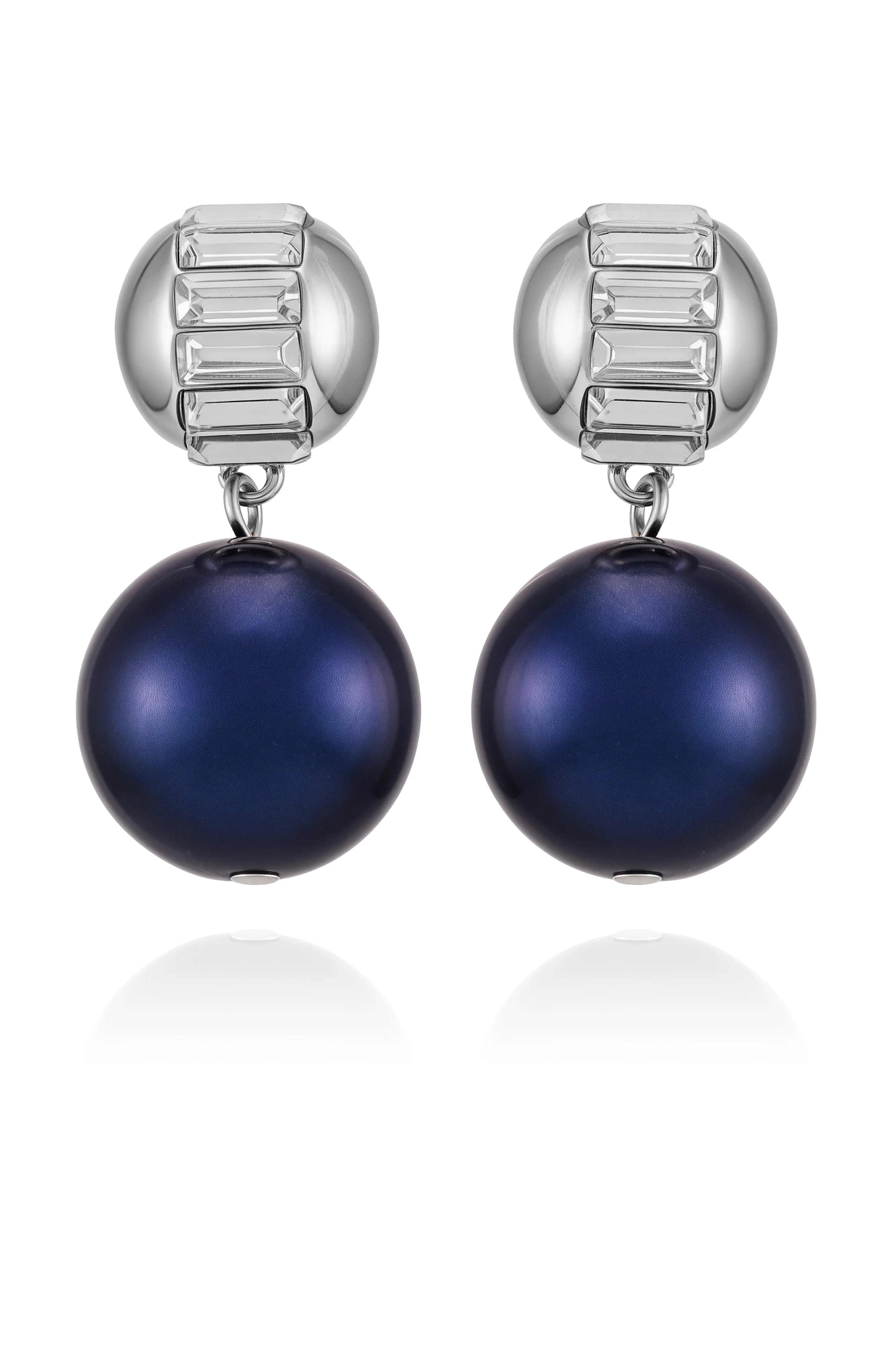 Silvertone Drop Earrings With Navy Pearl Crystal Accents