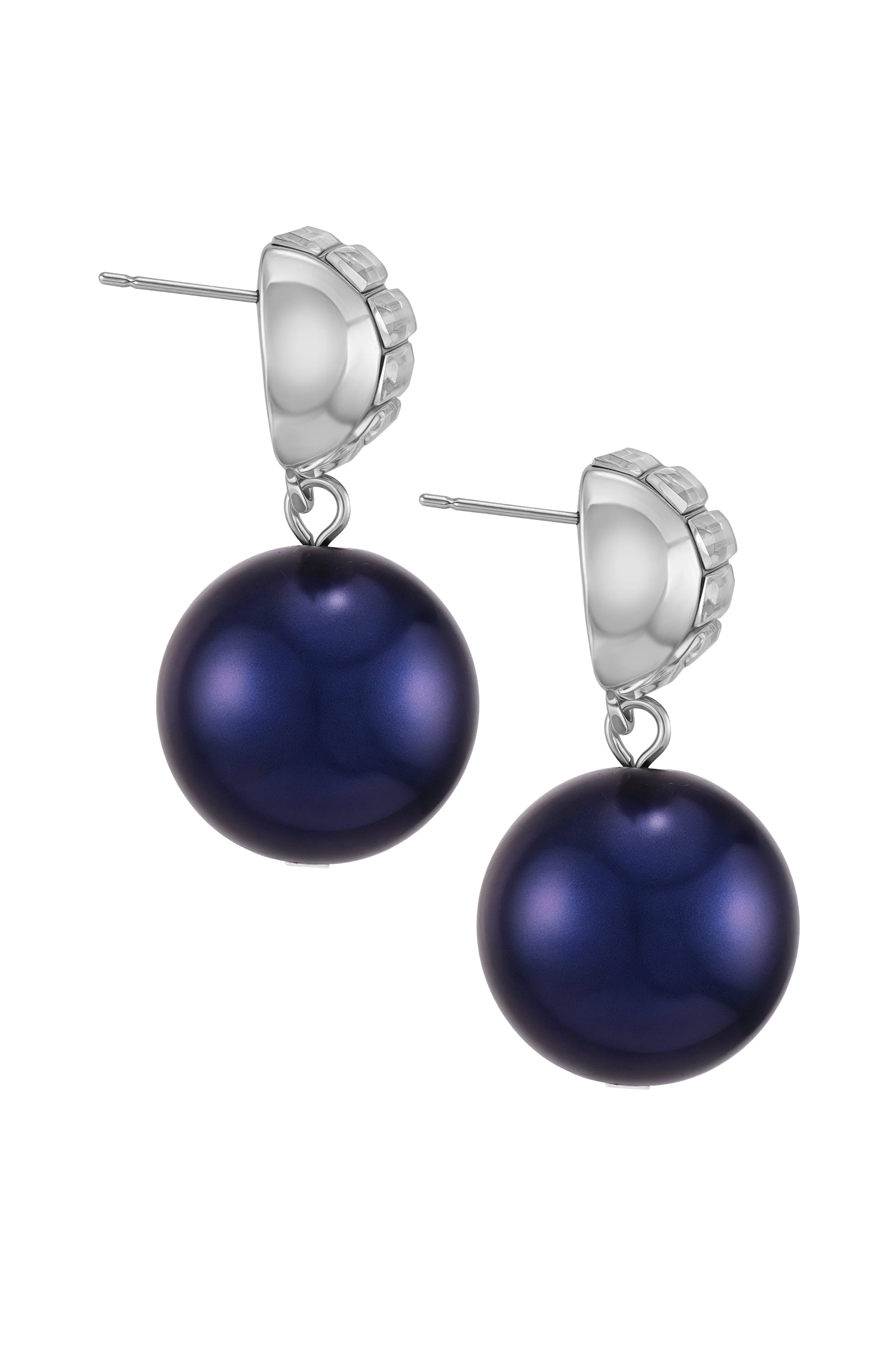Silvertone Drop Earrings With Navy Pearl Crystal Accents - Image 2
