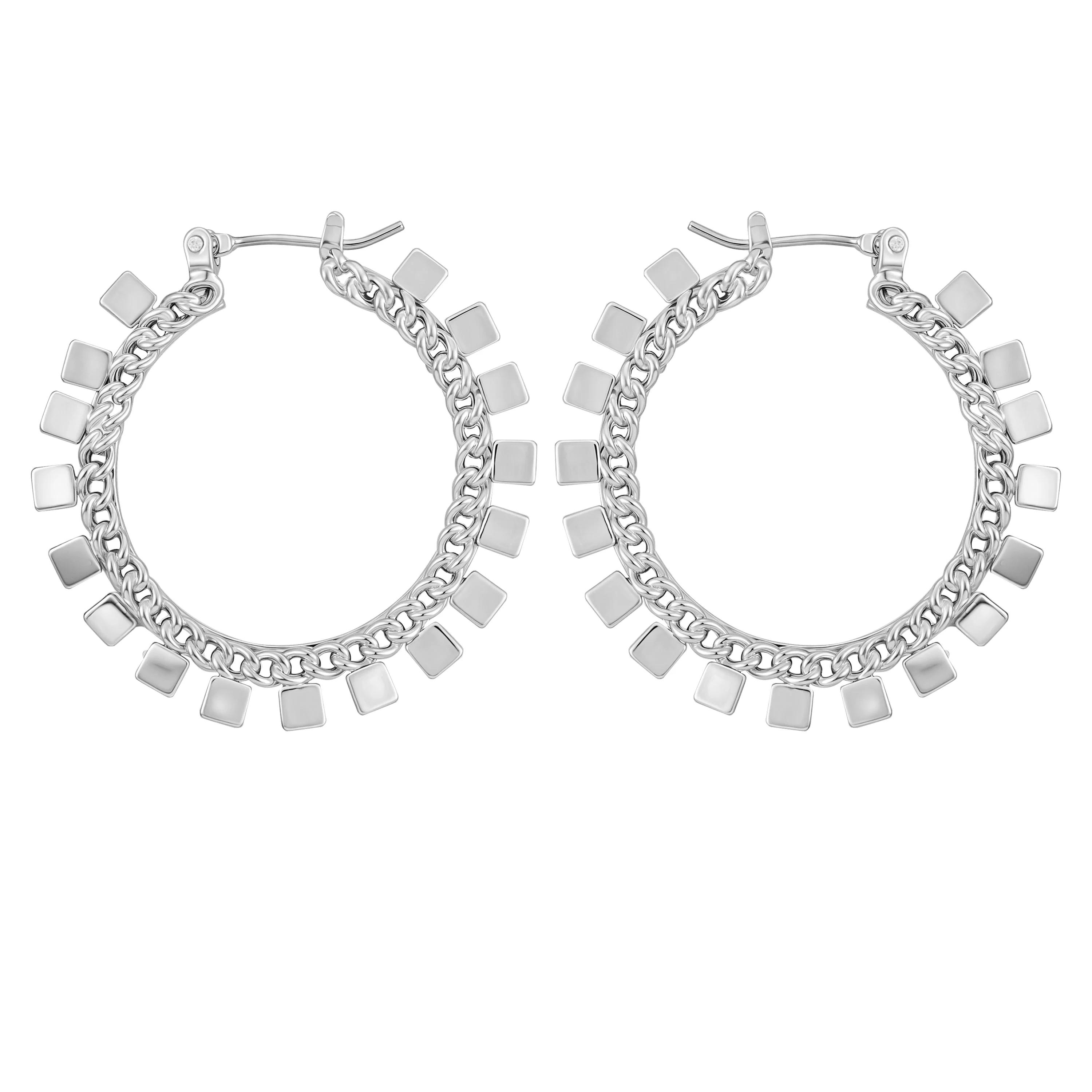 Silvertone Hoop Earrings With Geometric Accents