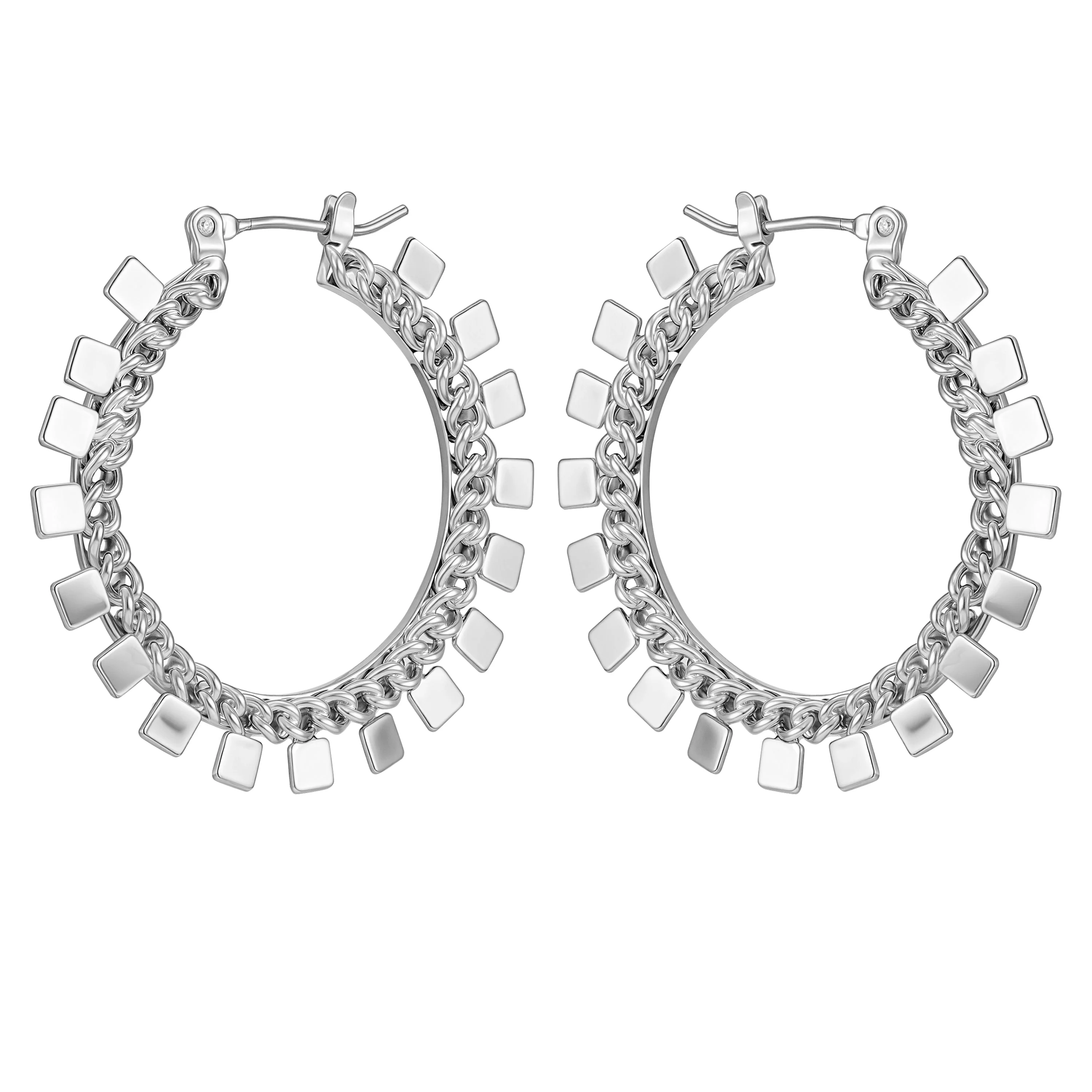 Silvertone Hoop Earrings With Geometric Accents - Image 2